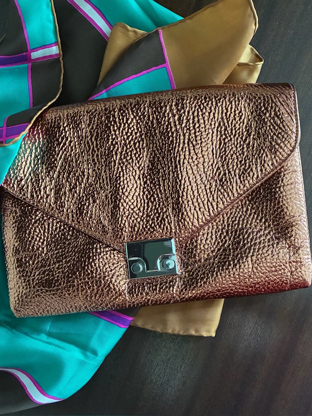 Loeffler Randall Metallic Copper Leather Envelope Clutch | Chain Shoulder Bag
